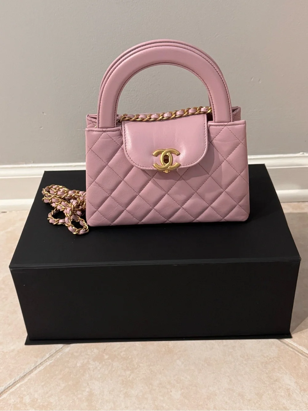 CHANEL Pink Quilted Top-Handle Mini Bag with Gold Chain